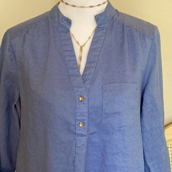 Sunny Leigh 100% linen pull on collarless tunic in sky blue with long sl… - Picture 2 of 12